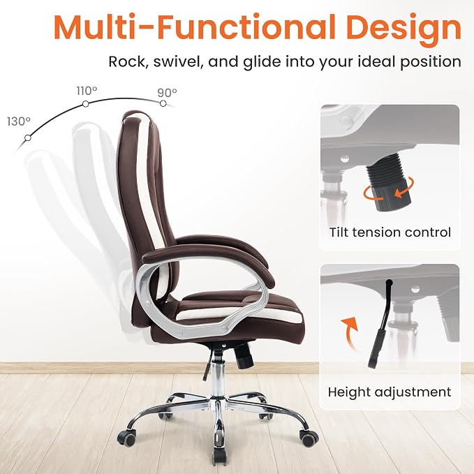 NEO CHAIR Office Desk Chair PU Leather Chair with Lumbar Support, Brown | Ergonomic High Back Executive Computer Chair, Comfortable Padded Fixed Armrests Swivel Chair with Wheels for Office/Home