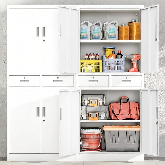 Wanfu Metal Storage Cabinet, Locking Storage Cabinet with Adjustable Shelves and 2 Drawers, 16" D x 32" W x 71" H Steel Cabinets for Office, Garage, Home, Classroom, Utility Room(White)