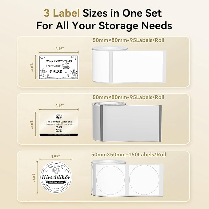 NIIMBOT Thermal Label 3Rolls Tape for B1/B2/B21/B31/B3S/K3 Label Maker | Multi-Size Pack, 50x80mm White, 50x80mm Clear, 50x50mm Round | for Address, Jar, Gift, Logo & File Organization Stickers