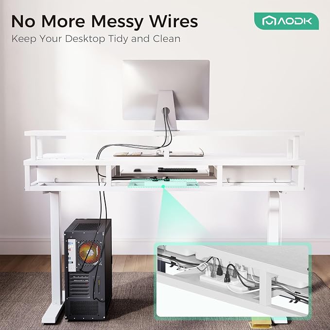 AODK 55 Inch Electric Standing Desk with Drawers & Keyboard Tray, White | Power Outlet, LED Lights, Monitor Stand, Cable Management Tray, 3 Memory Heights, 29.9"-46.1" in Range