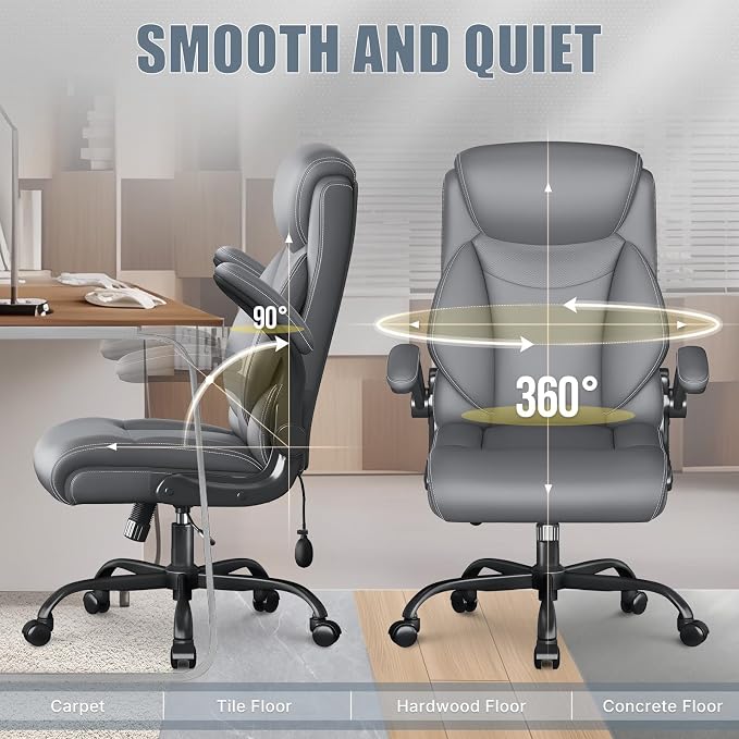 Ergonomic Office Chair, Big and Tall Office Chair, Executive Chair- Padded Leather Comfy Chair with Adjustable Lumbar Support & Flip-Up Arms, Rocking Swivel Chair for Home Office,Gray