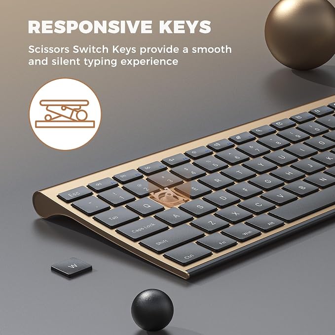 Vssoplor Wireless Keyboard and Mouse, Rechargeable Ultra Slim, Black Gold | Quiet Full-Size Keyboard and Mouse Combo Set, for Laptop, PC, Notebook, Desktop, 2.4GHz Stable Connection, Ideal for Office