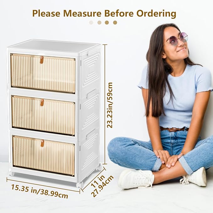3 Tier Stackable Storage Bins with Lids, 23Qt Plastic Storage Containers with Magnetic Doors & Wheels, Convenient Storage Bins Closet Organizers, Household Organization for Home, Party, Office, Dorm