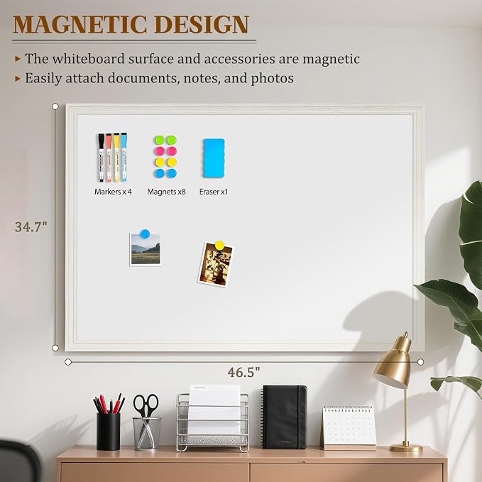Large Dry Erase White Board for Wall, 48"x36", Vintage White Wooden Frame | Magnetic, Decorative Whiteboard, Wall Mounted, for Home, Office, Kitchen, Dorm, 4 Markers, 6 Magnets, A Eraser