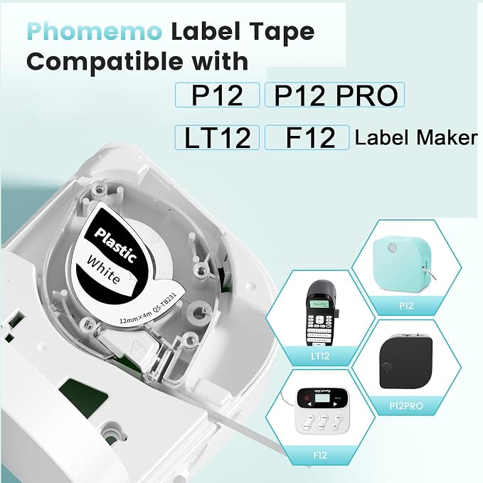 Phomemo P12 Label Tape Compatible with P12 P12PRO LT12 F12 Label Makers | 12mm x 4m Plastic Labeling Tape Thermal Paper Self-Adhesive for Teacher School Name Tags Home Office, Black on White, 3 Pack