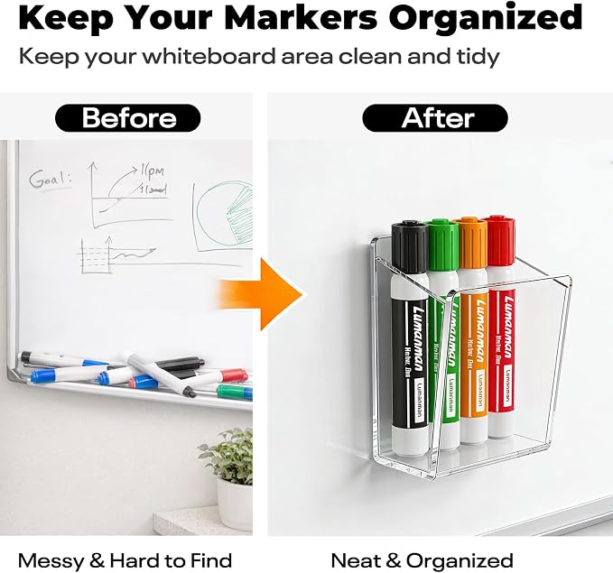 Acrylic Whiteboard Marker Holder, Magnetic or Adhesive Mount Marker Organizer for Fridge, Classroom and Office, Clear Dry Erase Marker Storage, Holds 8+ Markers