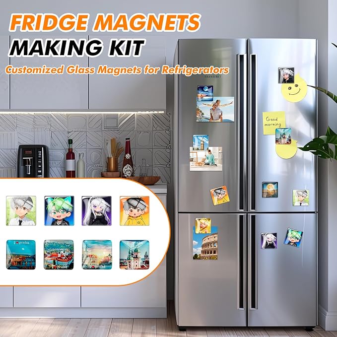 Aertiavty 144 Pcs Fridge Magnets Making Kit, 2 Inch Glass Magnets for Refrigerator, Locker, Whiteboard, Office, Kitchen, Decorative Magnet (72 Square Magnet+72 Glass+Clear Adhesive Dots)