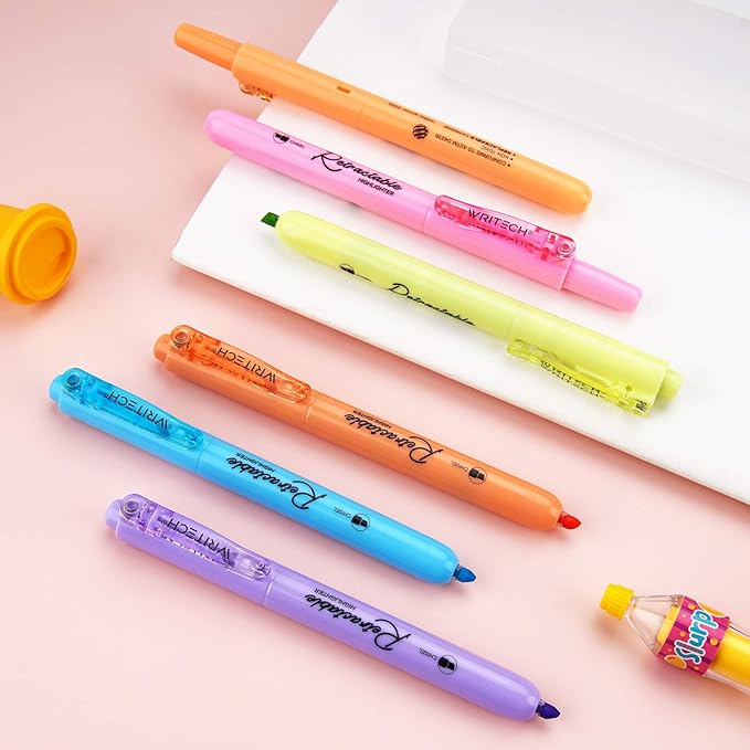WRITECH Retractable Highlighters Assorted Colors: Chisel Tip Click Aesthetic Highlighter Marker Pens Pack Multi Colored Ink No Bleed Smear for Highlighting Journaling (6ct Pastel)