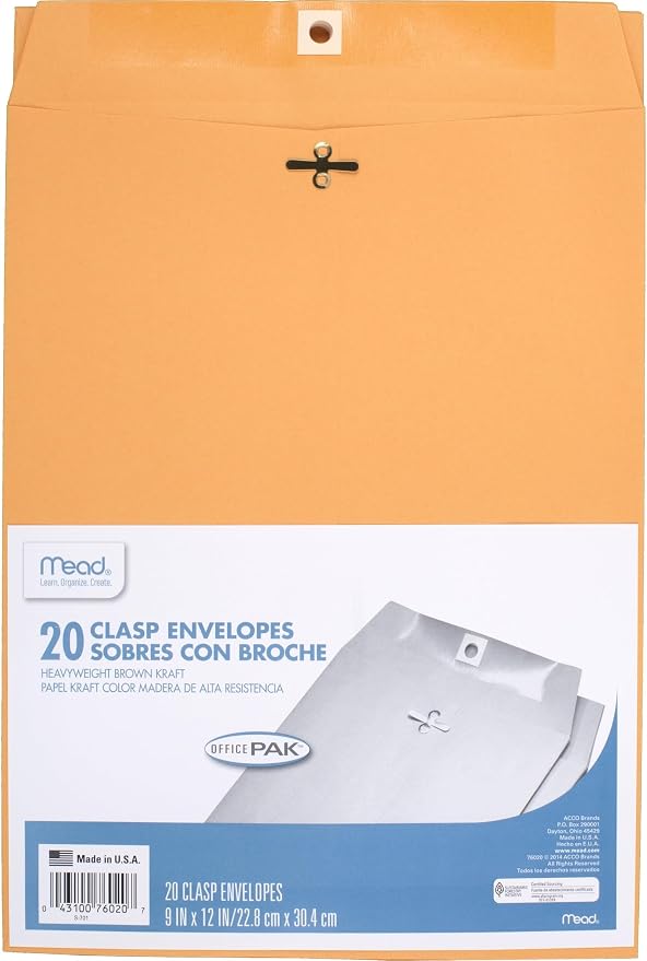 Mead Envelopes, 9" x 12", Clasp Closure, Brown Kraft All-Purpose 24-lb Paper Mailing Envelopes, 20 Count (76020) (Pack of 12)