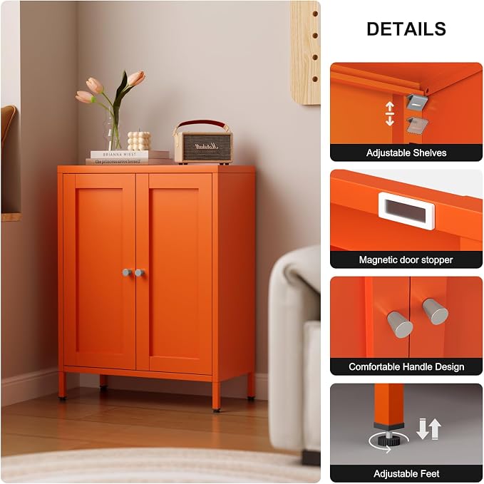 Bevivog Small Bathroom Storage Cabinet, Orange Metal Locker with 2 Doors and 2 Adjustable Shelves, Small Locker Cabinet Sideboard for Home Office, Living Room, Hallway, Entryway