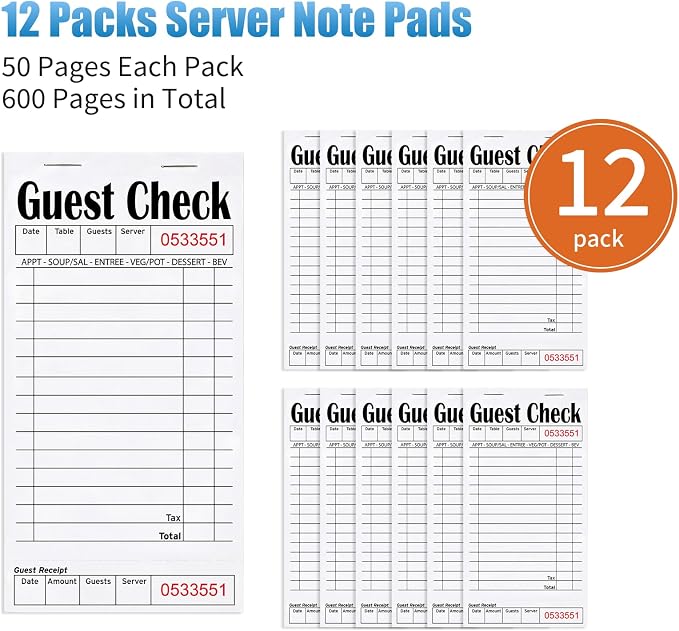 ZPARIK 12 Pack Guest Checks Books for Servers Server Note Pads, White | 12 Pack Guest Checks with 50 Sheets Per Book, Waiter Checkbook, Waitress Notepad for Restaurants, Perfect for Servers