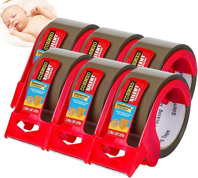 6-Pack No Noise Brown Packing Tape with Dispenser,2.7mil x 1.88" x 55Yds Heavy Duty Noiseless Packing Tape,Packaging Tape for Shipping, Industrial Grade Moving Tape for Boxes COSIMIXO