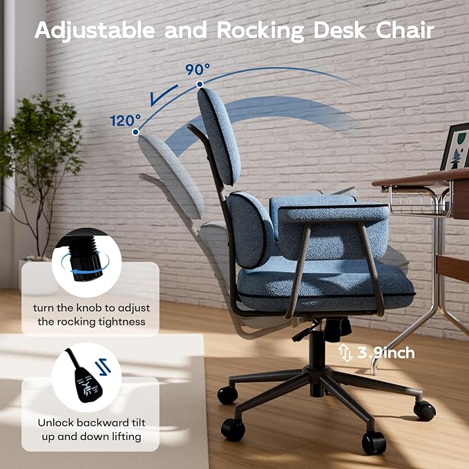 Blue Office Chair, Memory Foam Seat Mid Century Modern Desk Chair | 3.9" Sloped U-Shaped Memory Foam Cushion, Granular Linen Fabric, Lumbar Support, 1.2mm Sturdy Metal Tube, 400LBS Capacity