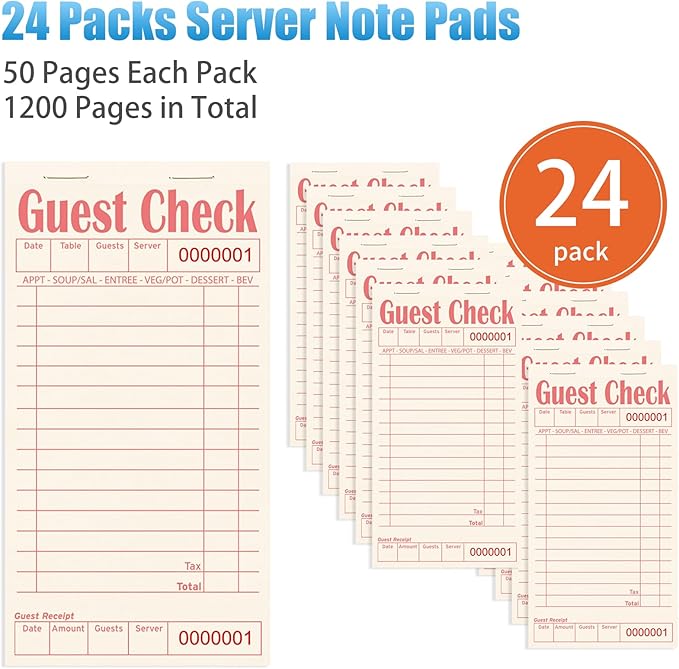 Guest Checks Books for Servers, Server Note Pads, 24 Pack, Natural Color Paper, Waitress Notepad for Restaurants, Waitress Accessories, 1200 Sheets, Pink