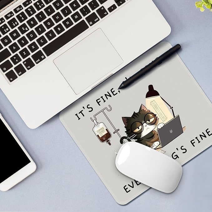 Mouse Pad with Stitched Edges - Funny Cat Mousepad for Women, 9.25 x 7.75 inch Washable Square Desk Pad, Non-Slip Rubber Base, Office Home Laptop Accessories - Overworked Kitty