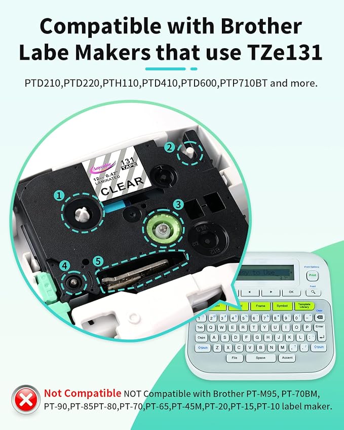 Anycolor TZe-131 TZ Tape 12mm 0.47 Laminated Clear P-Touch Label Tape Clear | TZe131 TZ-131 Black on Clear Tape for Brother PTouch PT-D210 PTH110 PTD220 PTD410 PTD400 D600 Label Maker, 5-Pack