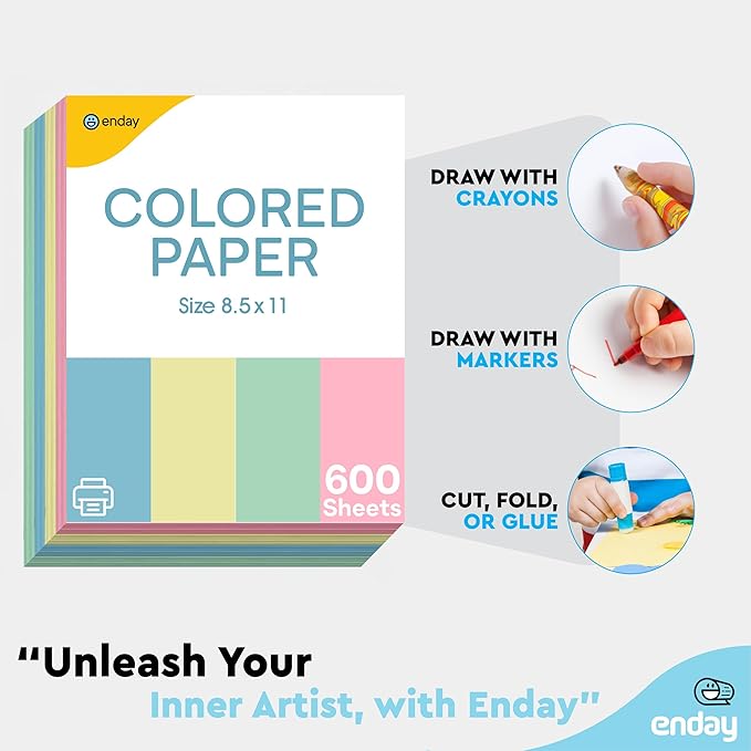Colored Paper 8.5 x 11, Copy Paper (600 Pack) Letter Size Printer Paper, Assorted Colors, for Printer, Arts & Crafts, DIY Projects, Office & School - Pink, Blue, Yellow, Green - 150 Sheets Per Color