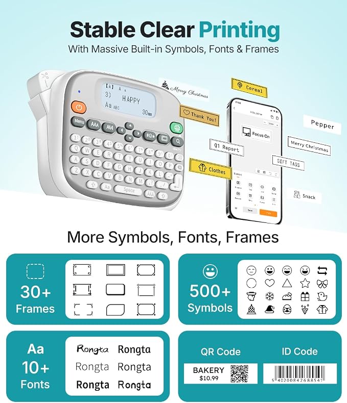 Rongta Label Maker Machine with Tape, Label Maker Waterproof with QWERTY Keyboard, TM95 12mm Portable Labeler for Home Organization, Office or School Supplier (Label Maker with 1 Tape, White)