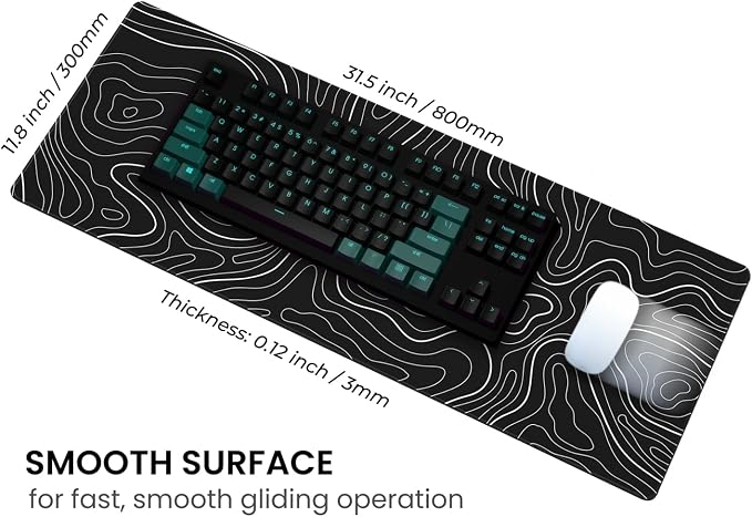 MAY FLOWER Large Gaming Mouse Pad, Full Keyboard Mat, Long Laptop Mousepad, Computer Mouse Mat for Home and Office, Anti-Slip Rubber Base, 31.5 x 11.8 Inches (Black Topographic Map)