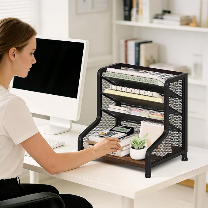 SWTYMIKI Paper Organizer, Mesh and Wood Desk Office Organizer, Office Organization and Binder Storage for Workspace, Home, School, Espresso