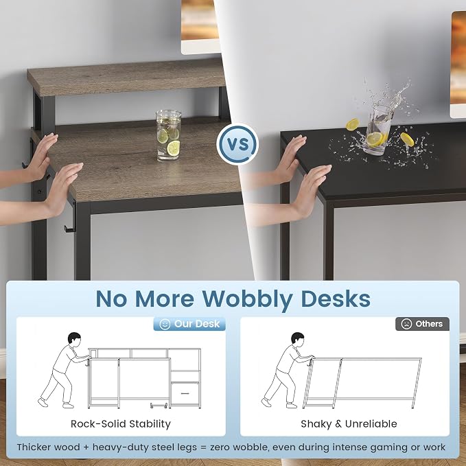 SEDETA 66" Reversible L Shaped Computer Desk with Power Outlet, File Drawer | Home Office Desk with Monitor Shelf, Storage Shelves, LED Lights for Corner Small Spaces, Gaming, Walnut
