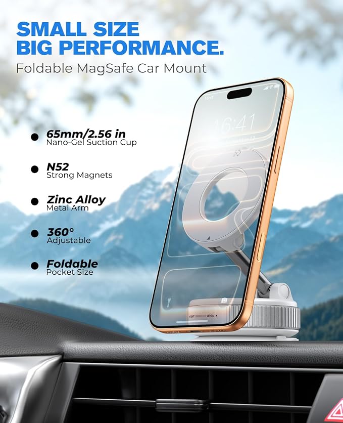Jononser Magnetic Car Phone Holder for MagSafe, Nano-Gel Suction Cup Phone Mount for Dashboard & Windshield, Pocket-Size Foldable 360° Adjustable Car Mount for iPhone 17 16 15 14 13 12 Series, White
