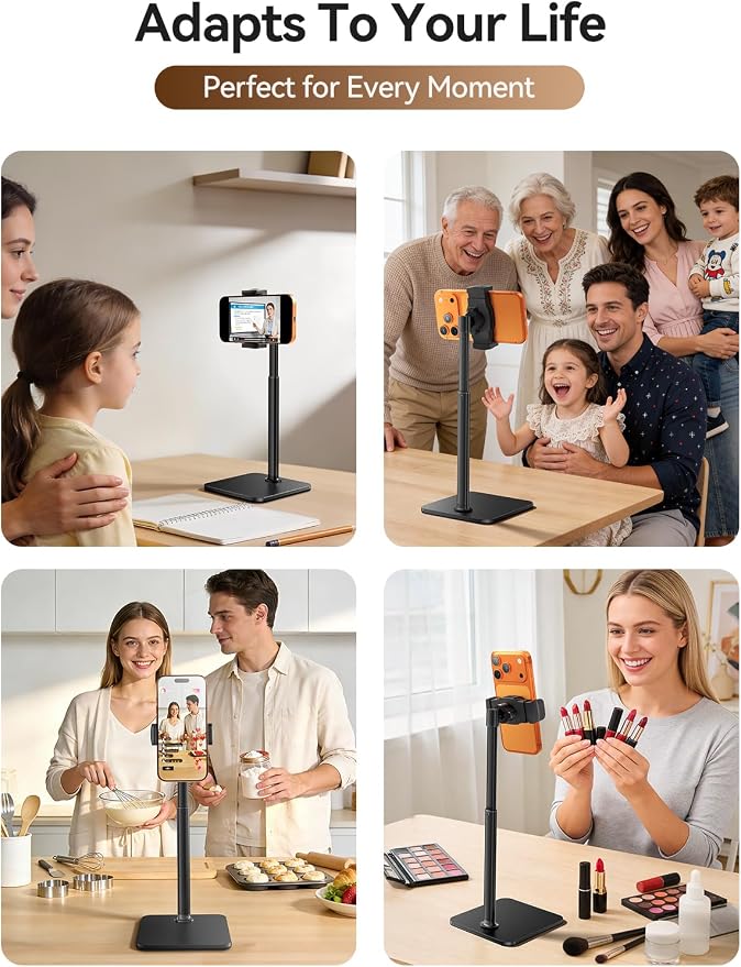 tounee Phone Stand for Desk, 8-11" Height Adjustable Cell Phone Holder for Live Streaming, Video Recording, TikTok – Compatible with iPhone 17/16/15, Samsung, All 4-7" Smartphones -Black