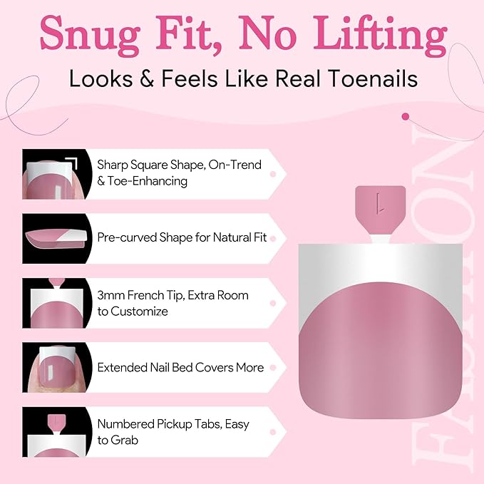 Toe Nails Press On French Tips for Women, 15 Sizes 150 Pcs Sharp Square Pre-applied Primer & Base Coat Toenail Press Ons Baby Pink Full Cover Fake Tips Extension