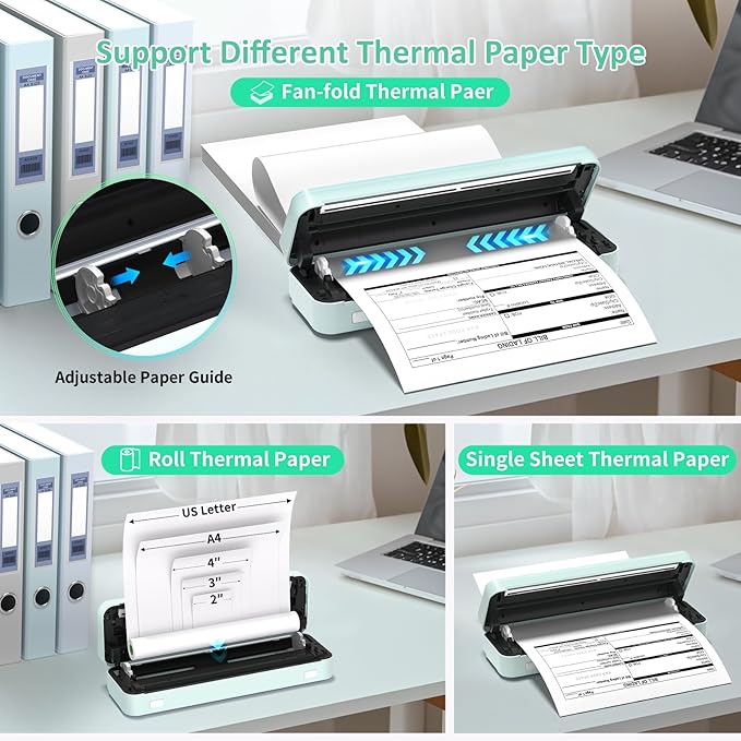Inkless Portable Printer for Travel, Wireless Thermal Printer Supports 8.5 x 11 Inch Thermal Paper, Bluetooth Machine Includes Carry Case and 3 Rolls of Paper Kit, Green