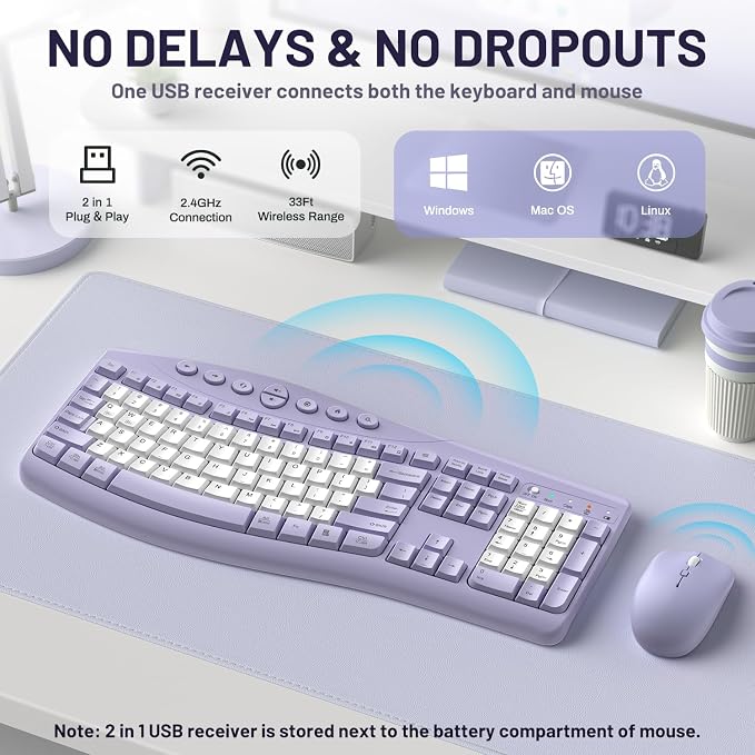 Wireless Keyboard and Mouse Combo Silent Ergonomic Curved Design for Office