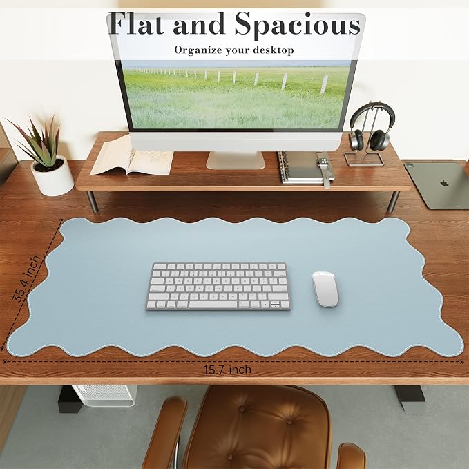 iCasso Blue Scalloped Mouse Mat, 35.4"x15.7" Computer Mat for Office | Adorable Non-Slip Base Scalloped Mousepad for Home, Floral Desk Pad Stitched Edges for Study Office Computer Setup