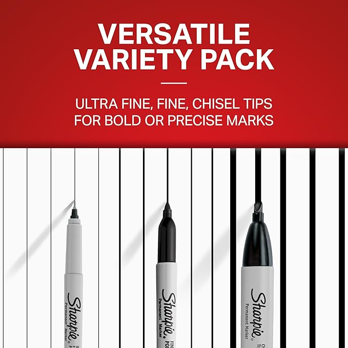 Sharpie Permanent Markers Variety Pack, Includes Chisel, Fine, and Ultra-Fine Tips, Marker Set, Writing, Coloring, Poster, Office, School Supplies, Black, 6 Count
