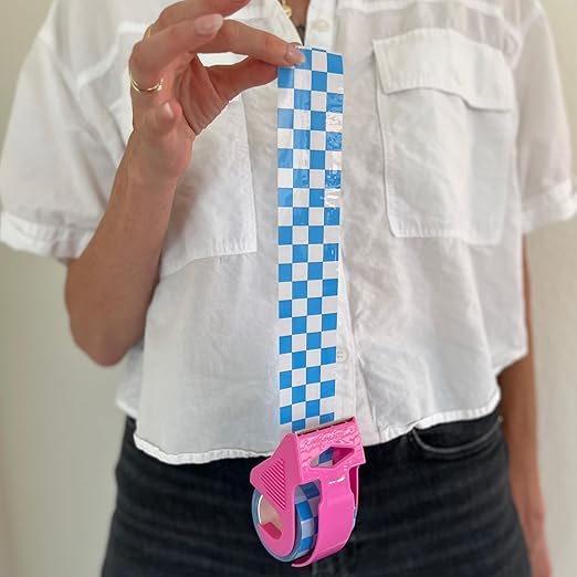 Decorative Packing Tape with Pink Dispenser – Checkered Cream & Blue, 1.88" x 22.2 Yards – Cute Printed Shipping Tape for Gifts, Small Business Essentials, and Mailers
