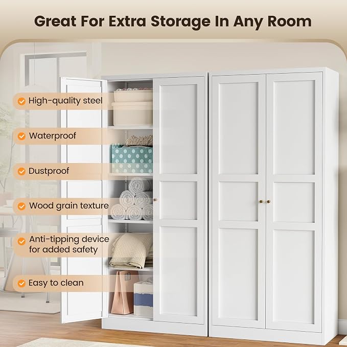 Metal Storage Cabinet - 71" White Kitchen Pantry with 2 Doors and 4 Adjustable Shelves, 4-Tier Tall Steel Locker for Living Room, Dining Room