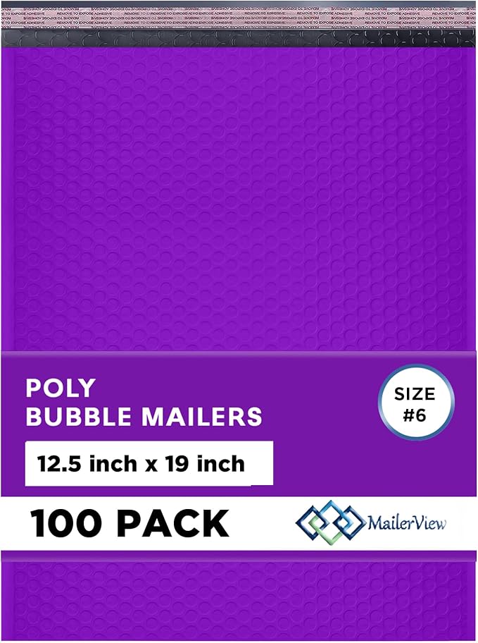 Purple Bubble Mailers 12.5x19.5, Poly Padded Envelopes #6, 100 Pack | Holds Clothing & Bulk Items, Self-Seal Closure, Cushioned Protection, Water-Resistant Poly, Bulk Pack