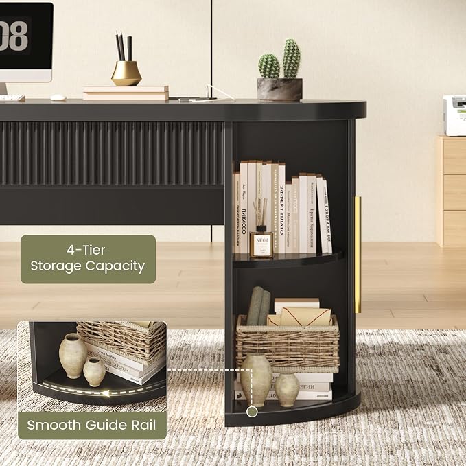 SEDETA 58.3" x 21.7" Fluted Office Executive Desk with 2 Drawers Storage | Black Long Computer Desk with 2 Sliding Doors Shelves and Power Strip, Wood Curve Desk for Work, Writing, Study