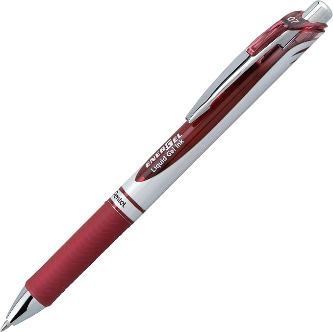 Pentel EnerGel RTX Retractable Liquid Gel Ink Pen, (0.7mm) Medium line, Burgundy Ink, Box of 12 Pens (BL77-BG)