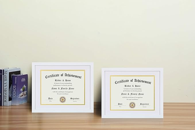 ELSKER&HOME 8.5x11 Certificate Frame - Classic White Color Frame - Displays Diploma 8.5x11 Inch with Mat - 11x14 Inch Without Mat - For Document/Photo (2 Pack, Matte White with Gold Rim)