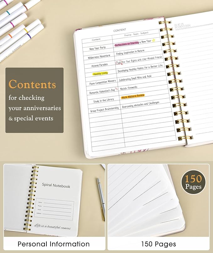 Lined Spiral Journal Notebook for Women, A5 Cute Hardcover Spiral Journals for Writing, 150 Pages Pretty College Ruled Notebooks for Work & Note Taking, 5.75" x 8.38", Butterfly Bouquet