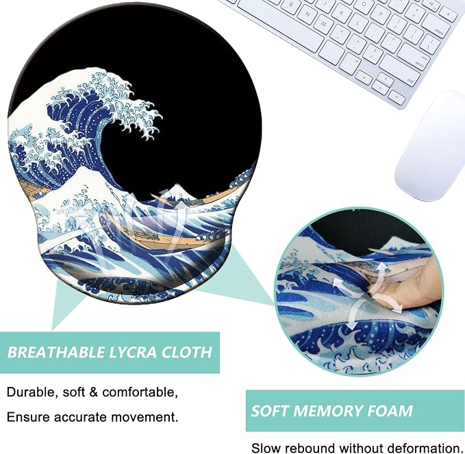 Mouse Pad with Wrist Support, Ergonomic Mouse Pad with Memory Foam Wrist Rest Cushion, Non-Slip Rubber Base Gaming Mice Pad for Home Office Computer Laptop, Sea Wave