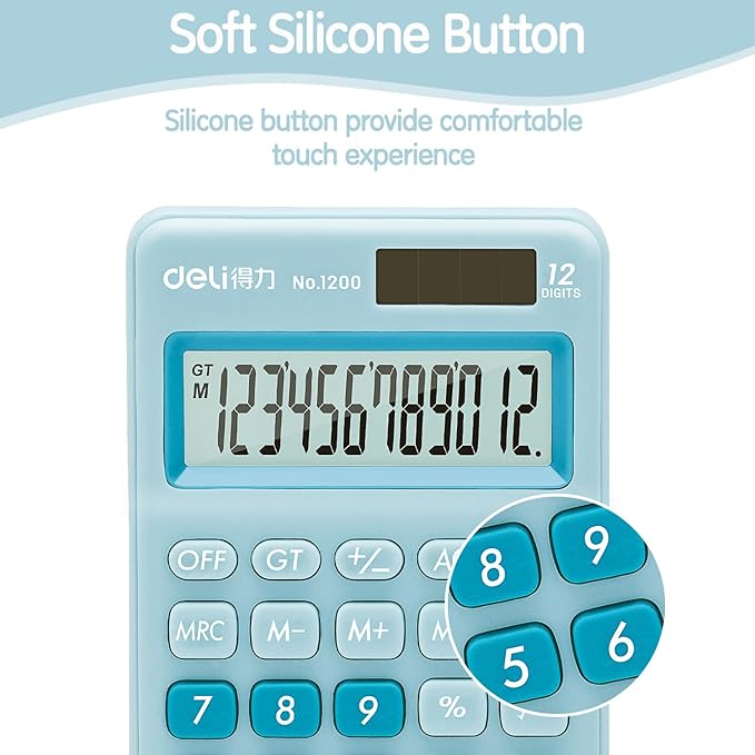 Deli Standard Function Basic Calculator, 12 Digit Desktop Calculator with Large LCD Display, Solar Battery Dual Power Office Calculators, Blue