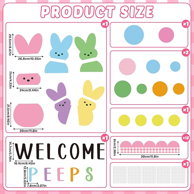 Easter Peeps Bulletin Board Classroom Decorations Set Bunny Cutouts Colorful Easter Bulletin Board Border for Classroom School Chalkboard Nursery Home Door Wall Decor Spring Easter Party Decor