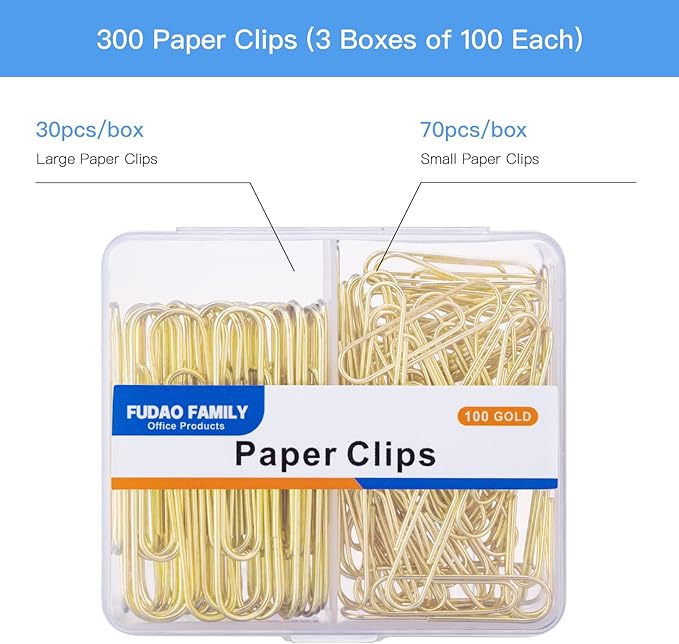 Paper Clips Assorted Sizes, Large PaperClips, Small PaperClips, Paper Clip, 300 Gold Paper Clips, (3 Boxes of 100 Each)