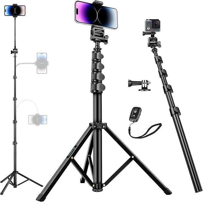 80" Phone Tripod, Selfie Stick, Aluminum Cellphone Tripod Stand | for Video Photo Vlog, Travel Tripods with Gooseneck Remote Phone Holder, Compatible with iPhone Android Smartphone