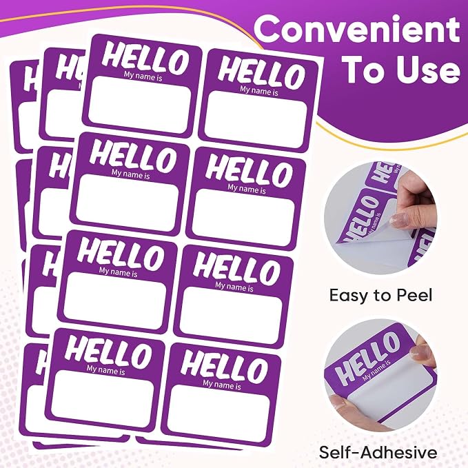 256 Pcs Name Tags Sticker 3"x2.5" Hello My Name is Stickers, Purple Name Labels Adhesive Identification Name Badges for School, Office, Meeting, Family Parties, Mailing