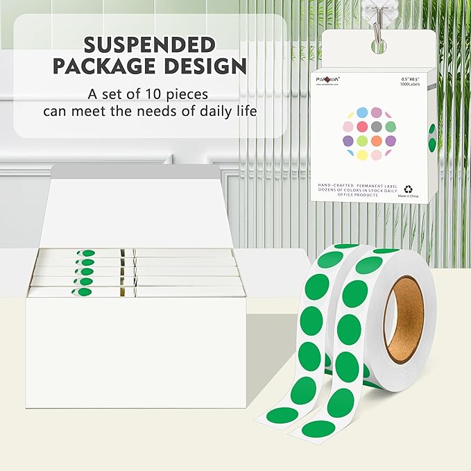 PARLAIM 10000pcs 1/2 Inch Round Color Code Dot Stickers, 10 Rolls Adhesive Green Circle Labels for Office Classroom