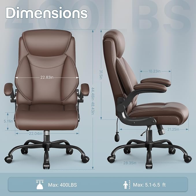 Ergonomic Office Chair, Big and Tall Office Chair, Executive Chair- Padded Leather Comfy Chair with Adjustable Lumbar Support & Flip-Up Arms, Rocking Swivel Chair for Home Office,Brown