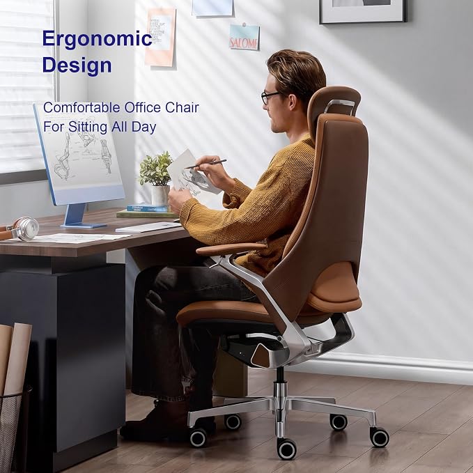 Genuine Leather Executive Office Chair，Top-Grain Cowhide, Ergonomic Design | Adjustable seat and headrest heights, 3-position recline (lockable)—suitable for home offices and high-end office settings.
