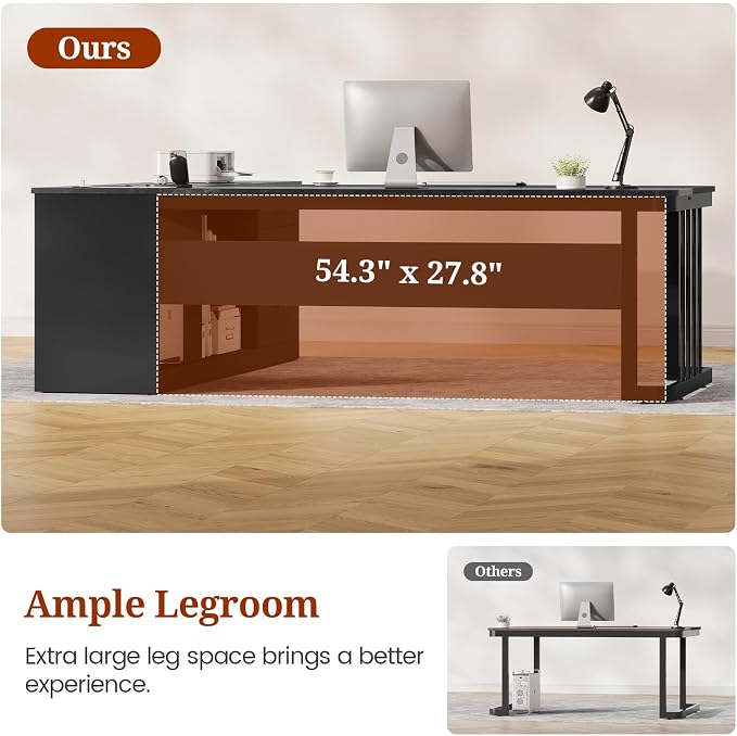 71" Executive Desk, Large Office Desk with Drawers & Storage Shelves, Modern L Shaped Computer Desk Corner Desk with Power Outlets, File Cabinet, Business Furniture Desk Workstation (Black)