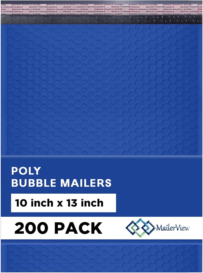 Royal Blue Bubble Mailers 10x13, Self Seal Poly Padded Envelopes, 200 Pack | Fits Books & Magazines, No Tape Needed, Cushioned Protection, Water-Resistant Poly, Bulk Pack for Small Business